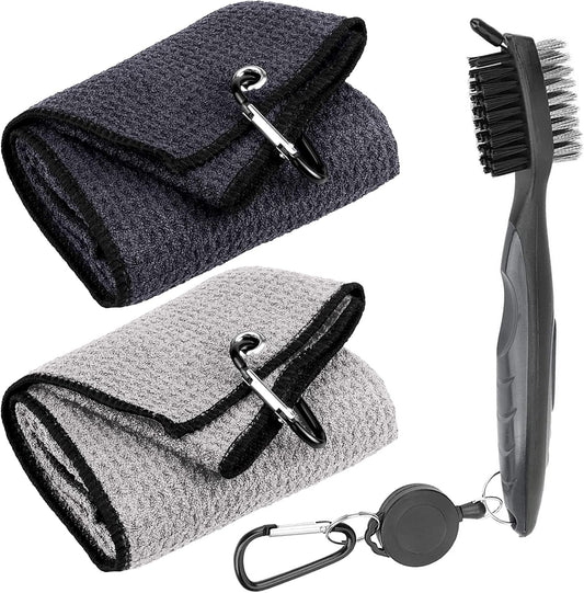 Golf Towel Cleaning Set - 3 Pack Microfiber Waffle Pattern Tri-Fold Towels with Brush Tool Kit and Club Groove Cleaner - Premium Golf Accessories for Men and Women (Black/Gray Towels and Gray Brush)